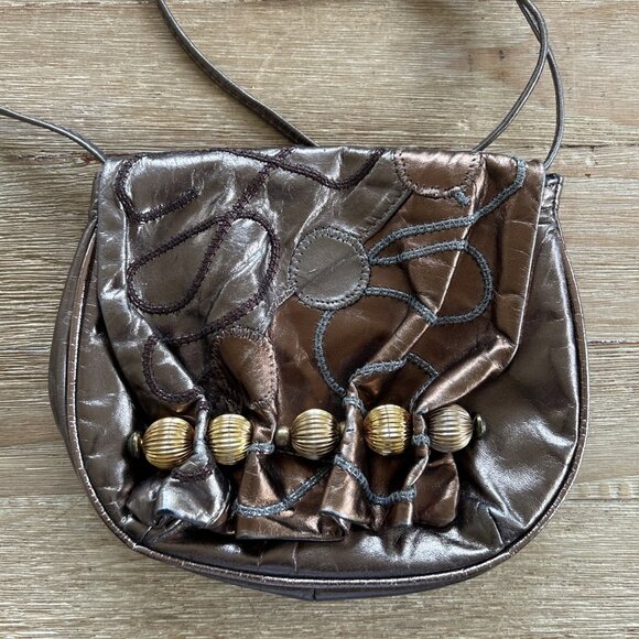 Vintage 1980s  Metallic Bronze Copper Leather Patchwork Flap Purse Shoulder Bag - Picture 1 of 5
